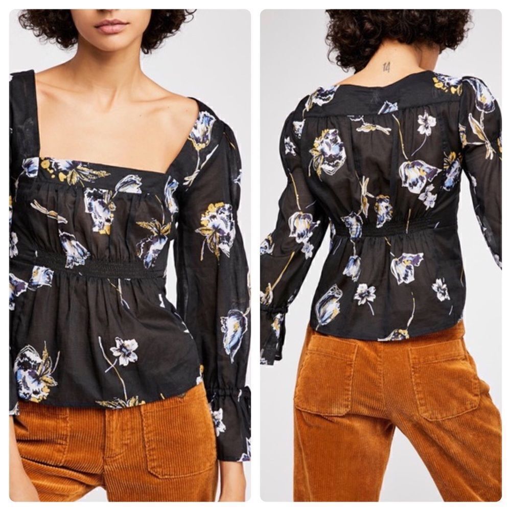 Free People Cherish the light Black Floral Blouse